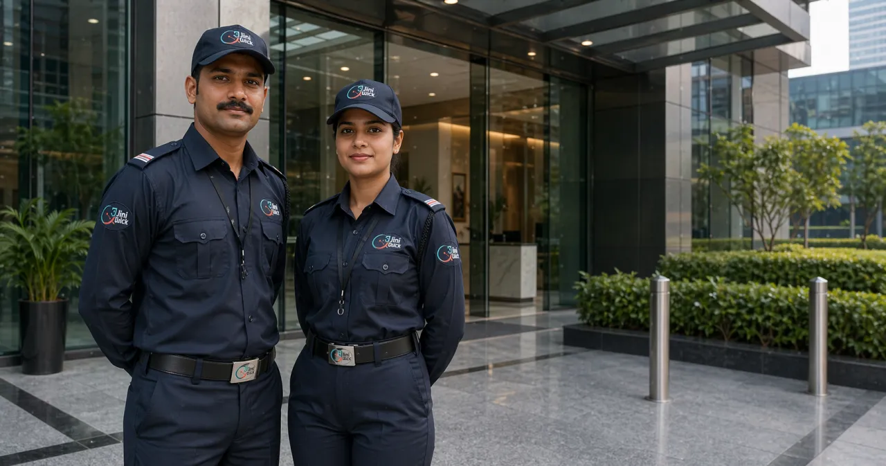 JiniQuick uniformed security officers — male and female — at a corporate facility entrance